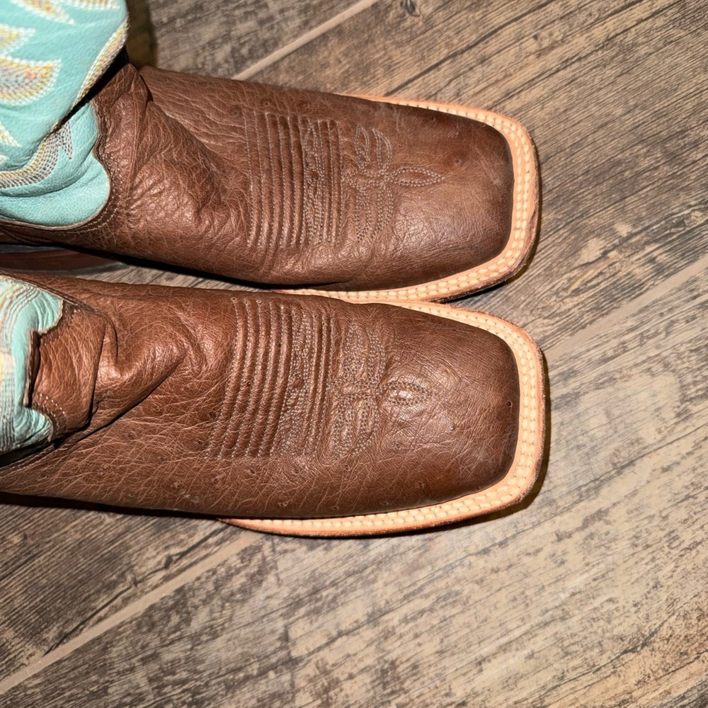 Justin Boots Brown Ostrich Leather with Teal Embroidered Shaft Western Boots - Picture 7 of 7